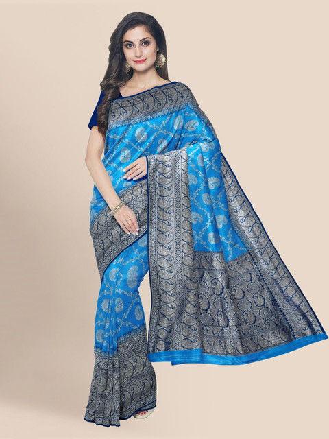 

KLM Fashion Mall Blue Silk Blend Woven Design Banarasi Saree