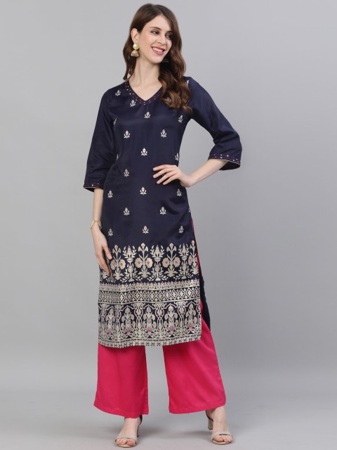 

Jaipur Kurti Women Navy Blue & Pink Printed Kurta with Palazzos