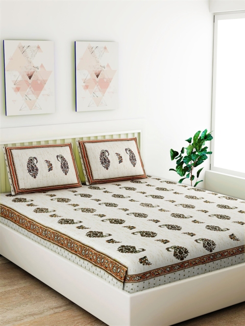 

Salona Bichona Cream-Coloured & Black Ethnic Motifs 120 TC Cotton 1 Queen Bedsheet with 2 Pillow Covers