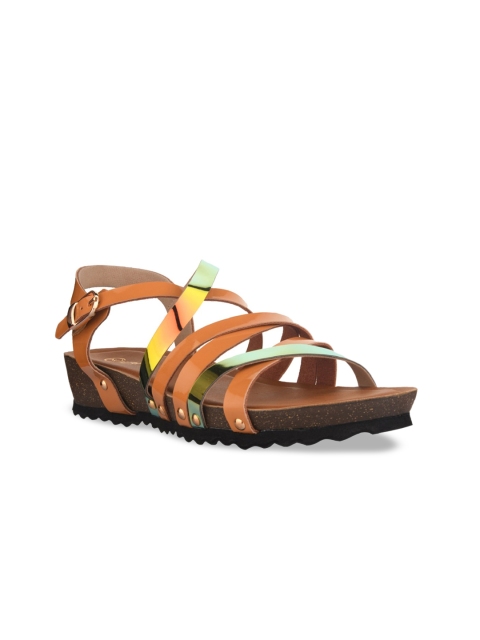 

NECTAR KICKS Women Brown & Yellow Colourblocked Leather Heels