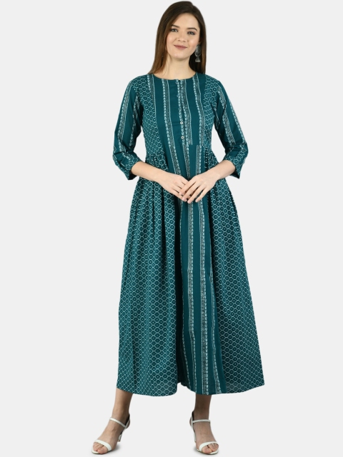 

Myshka Women Green Printed Cotton Fit and Flare Dress