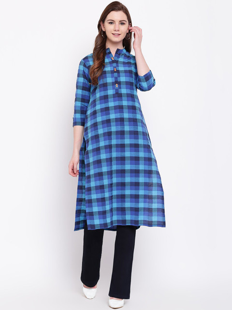 

Shakumbhari Women Blue Checked Band Collar Kurta