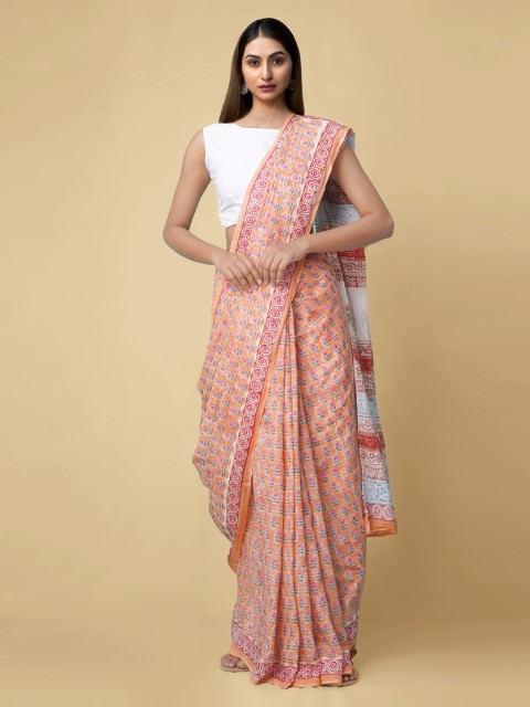 

Unnati Silks Cream-Coloured & Orange Pure Cotton Hand Block Printed Kota Saree