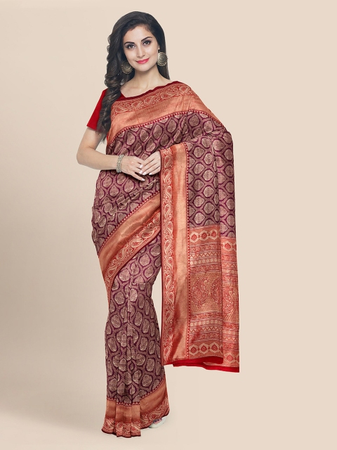 

KLM Fashion Mall Purple & Red Silk Blend Printed Banarasi Saree