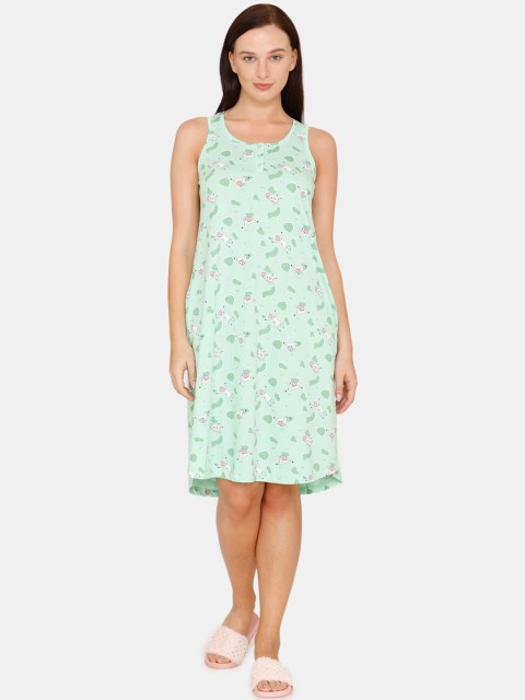 

Zivame Green & Pink Printed Cotton Nightdress