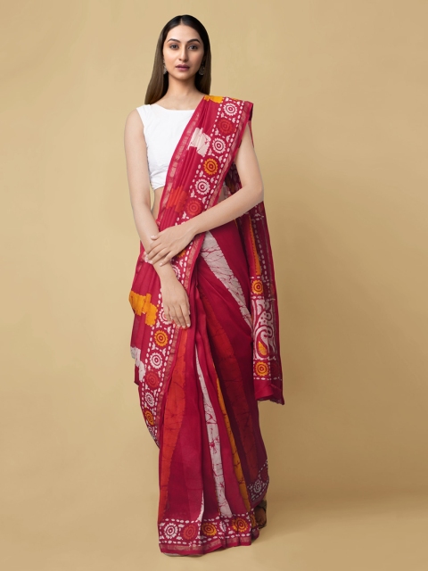 

Unnati Silks Red Silk Cotton Batik Printed Handloom Chanderi Saree