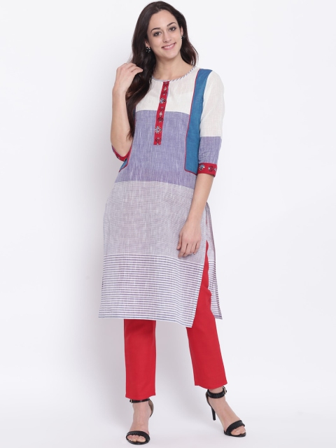 

Shakumbhari Women Blue & Cream-Coloured Striped Thread Work Kurta