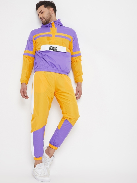 

FUGAZEE Men Yellow & Purple Colourblocked Slim-Fit Wind Breaker Tracksuit
