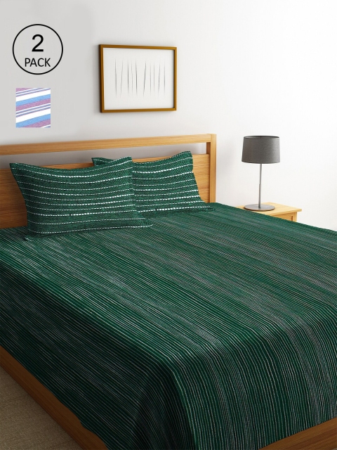 

KLOTTHE Set Of 2 Blue & Green Woven-Design Bed Cover With 4 Pillow Covers