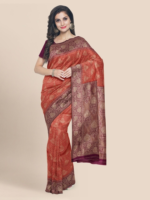 

KLM Fashion Mall Maroon & Beige Silk Blend Printed Banarasi Saree
