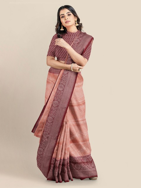 

KLM Fashion Mall Peach-Coloured Silk Blend Woven Design Banarasi Saree