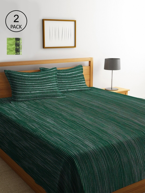 

KLOTTHE Set Of 2 Striped Double King Bed Cover With 4 Pillow Covers, Green