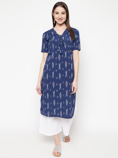 

Napra Women Navy Blue & White Ethnic Motifs Printed V-Neck A-Line Crepe Kurta