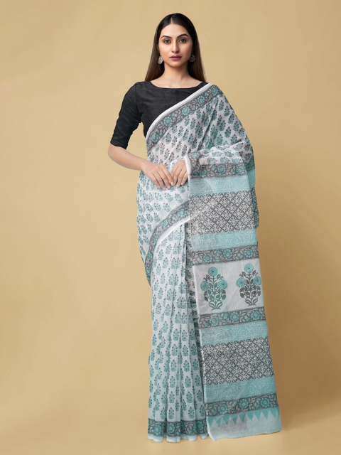 

Unnati Silks White & Blue Pure Cotton Printed Kota Handloom Saree
