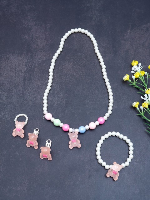 

Golden Peacock Girls White & Pink Pearl Beaded Handcrafted Jewellery Set With Trolley Bag