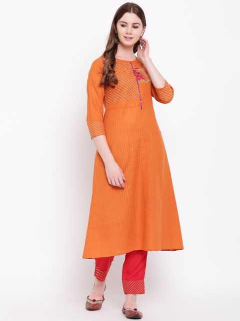

Shakumbhari Women Orange & Red Yoke Design Kurta with Trousers