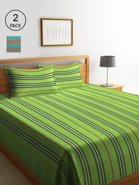 

KLOTTHE Set Of 2 Woven Design Double King Bed Covers With 4 Pillow Covers, Green