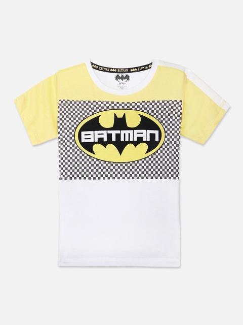 

Kids Ville Boys White & Yellow Batman Printed Round Neck Cotton T-shirt
