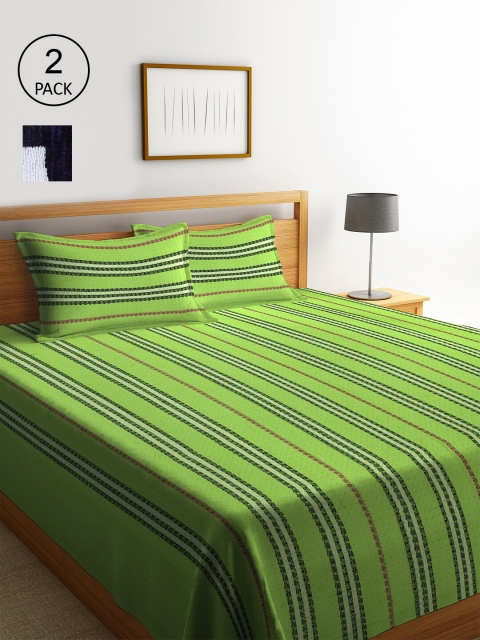 

KLOTTHE Set Of 2 Woven Design Double King Bed Covers With 4 Pillow Covers, Green
