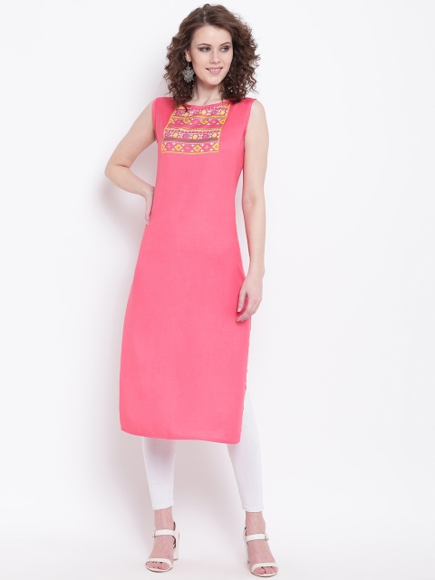 

Napra Women Pink & Yellow Geometric Yoke Design Sleeveless Boat Neck Cotton Kurta