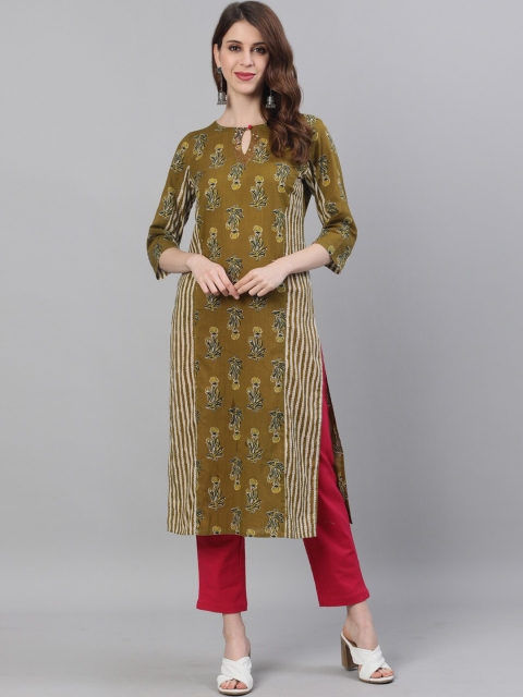 

Jaipur Kurti Women Olive Green & Red Printed Kurta with Trousers