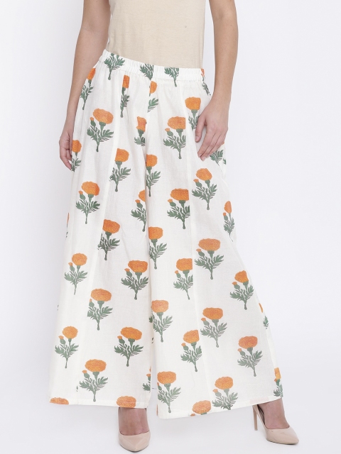 

Shakumbhari Women White & Orange Printed Wide Leg Palazzos