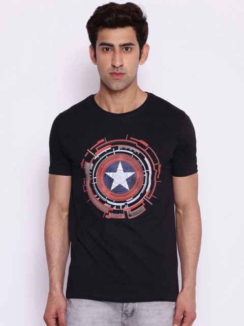 

Marvel Avengers Men Black Captain America Printed Round Neck Cotton Pure Cotton T-shirt