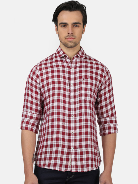 

Monte Carlo Men Maroon & White Regular Fit Checked Linen Casual Shirt