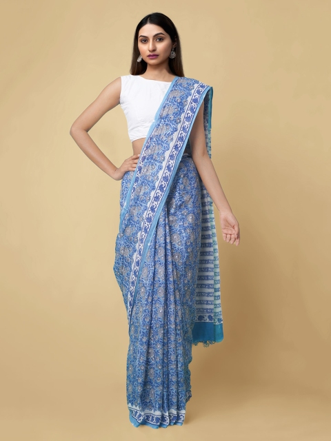 

Unnati Silks Blue & Off-White Pure Cotton Printed Kota Saree