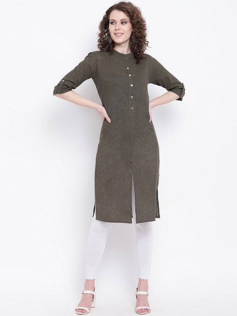 

Napra Women Olive Brown Solid Mandarin Collar Multiple Slits Crepe Kurta