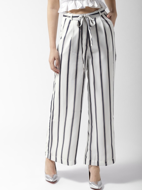 QUIERO Women White & Navy Blue Striped Wide Leg Palazzos