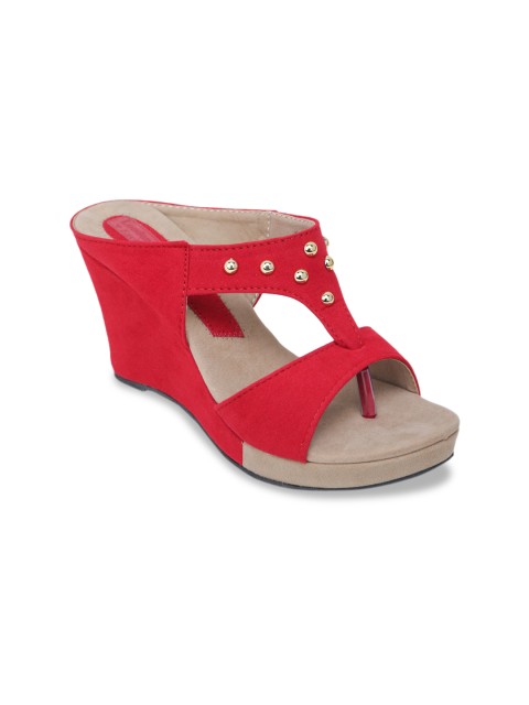 

LONDON STEPS Women Red & Beige Colourblocked Wedges