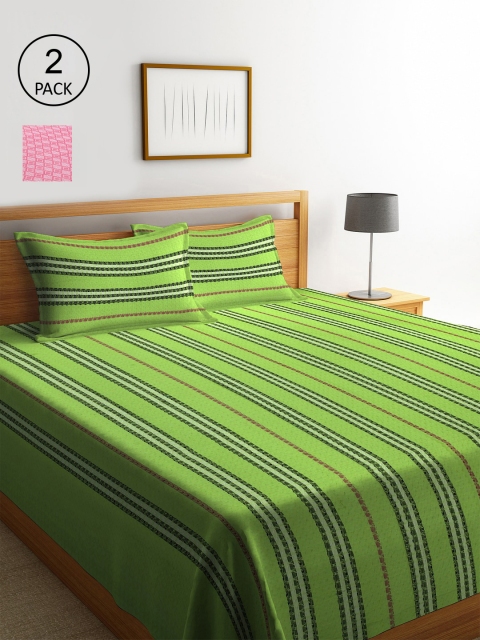

KLOTTHE Set Of 2 Woven Design Double King Bed Covers With 4 Pillow Covers, Green