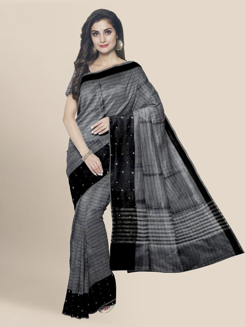 

KLM Fashion Mall Grey & Black Silk Blend Striped Banarasi Saree