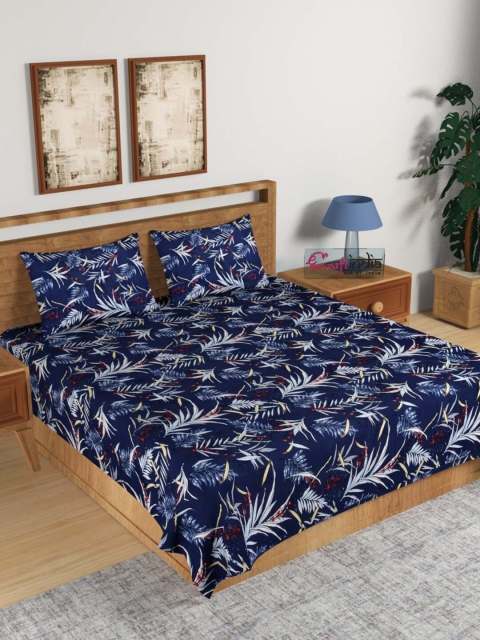 

eCraftIndia Navy Blue Floral 140 TC Cotton 1 King Bedsheet with 2 Pillow Covers