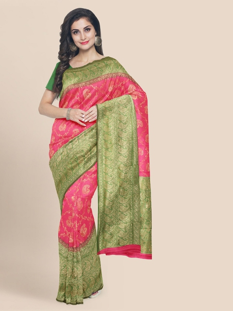 

KLM Fashion Mall Pink & Green Silk Blend Woven Design Banarasi Saree
