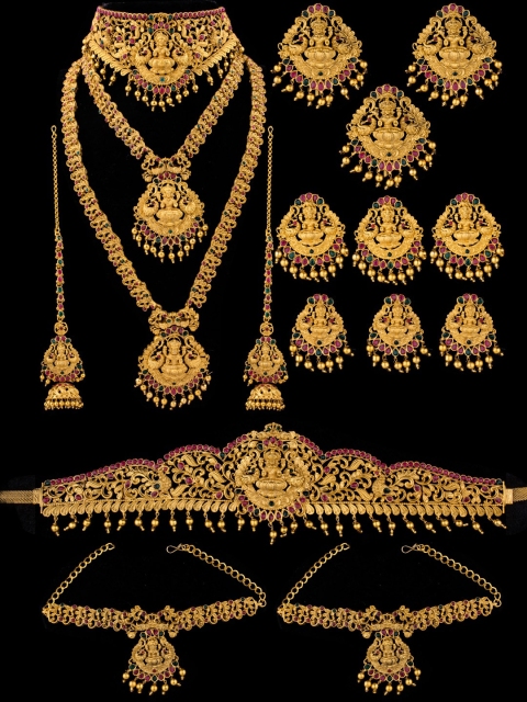

Alankruthi Gold-plated Pink & Green Stone-Studded Beaded Lakshmi Design Temple Bridal Jewellery Set