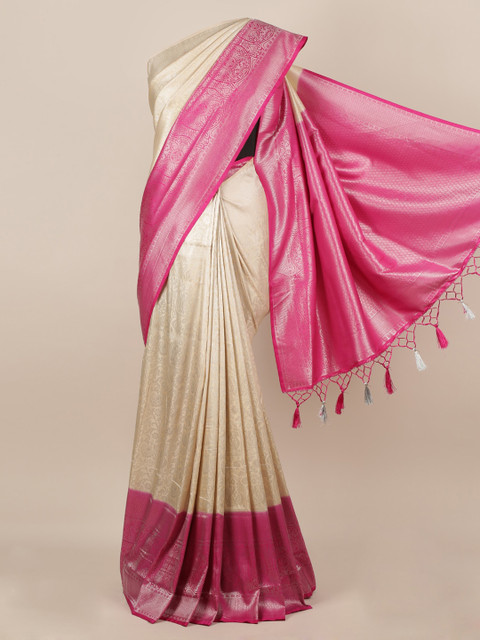 

Pothys Cream-Coloured & Pink Jute Silk Woven Design Saree
