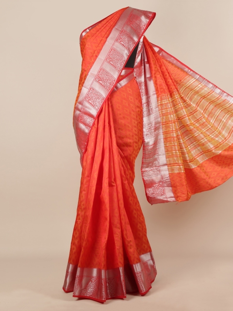 Pothys Orange & Silver-Coloured Jute Silk Woven Design Saree