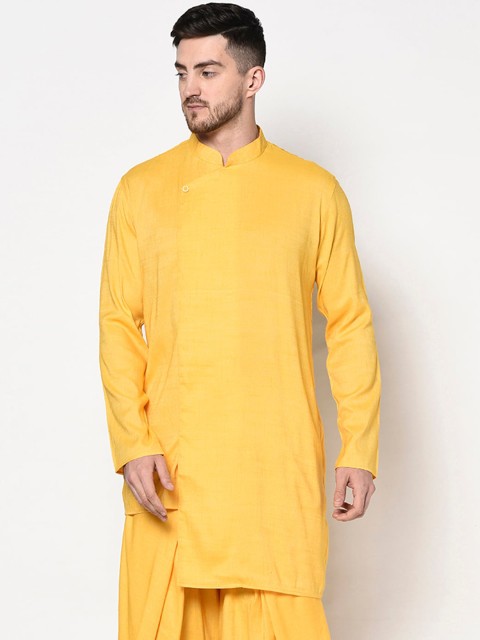 

Lamaaya Men Yellow Mandarin Collar Asymmetric Hem Angrakha Cotton Kurta