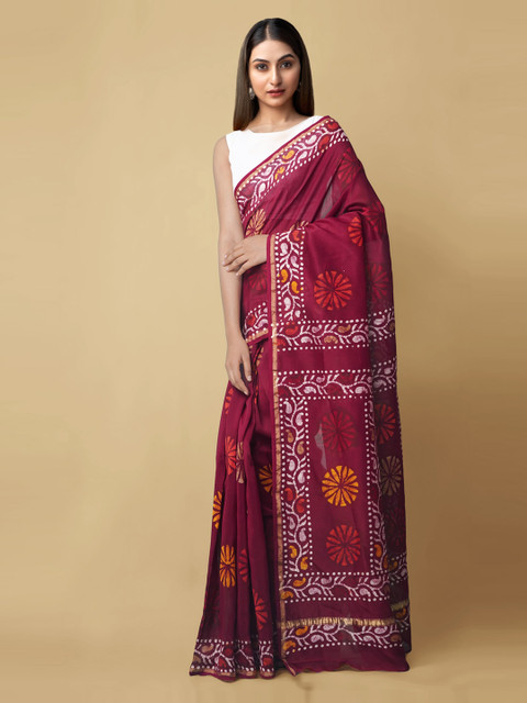 

Unnati Silks Red Silk Cotton Dyed Chanderi Saree