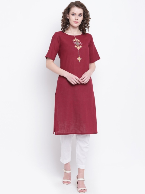 

Napra Women Maroon Geometric Embroidered Thread Work Boat Neck Kurta