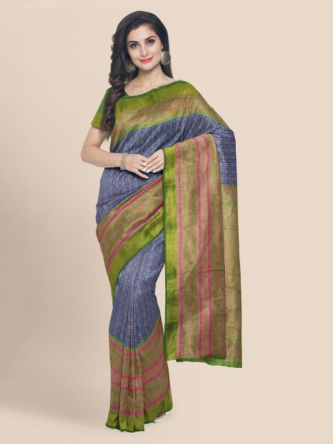 

KLM Fashion Mall Blue Cotton Blend Checked Banarasi Saree