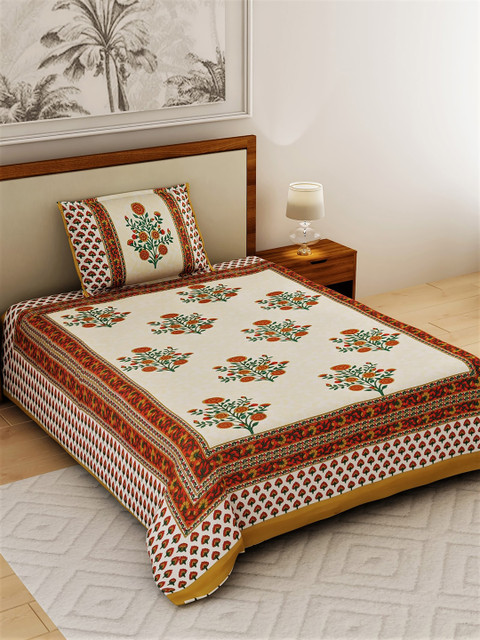 

Salona Bichona Beige & Red Jaipuri Printed 120 TC Cotton 1 Single Bedsheet 1 Pillow Covers