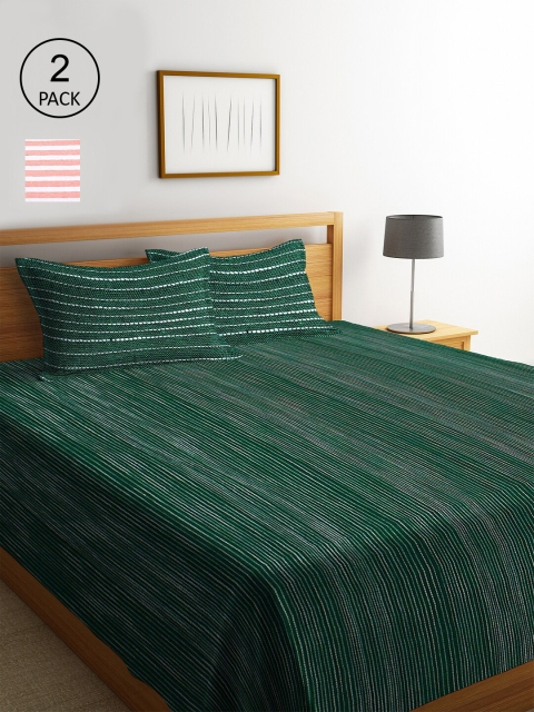 

KLOTTHE Set Of 2 Woven-Design Double Bed Covers with 4 Pillow Covers, Green