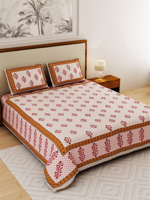

Salona Bichona White & Pink Floral 120 TC Cotton 1 Queen Bedsheet with 2 Pillow Covers
