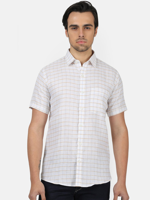 

Monte Carlo Men White Regular Fit Checked Linen Casual Shirt