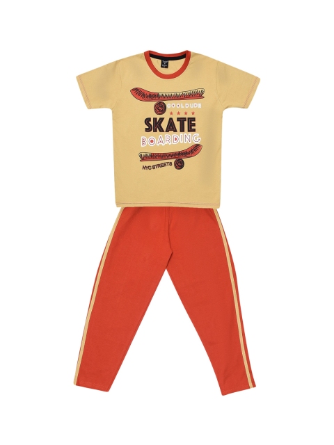 

Todd N Teen Boys Camel Brown & Orange Printed T-shirt with Trousers