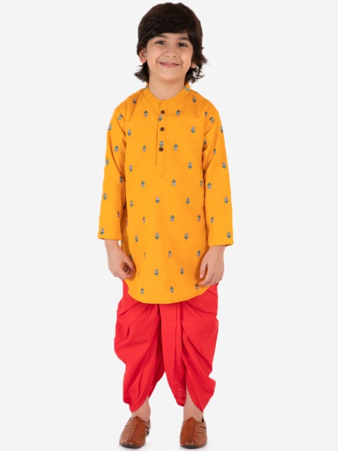 

Lil Peacock Boys Mustard & Red Embroidered Kurta with Dhoti Pants