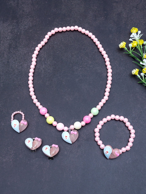 

Golden Peacock Girls Pink & Blue Pearl Beaded Handcrafted Jewellery Set With Trolley Bag